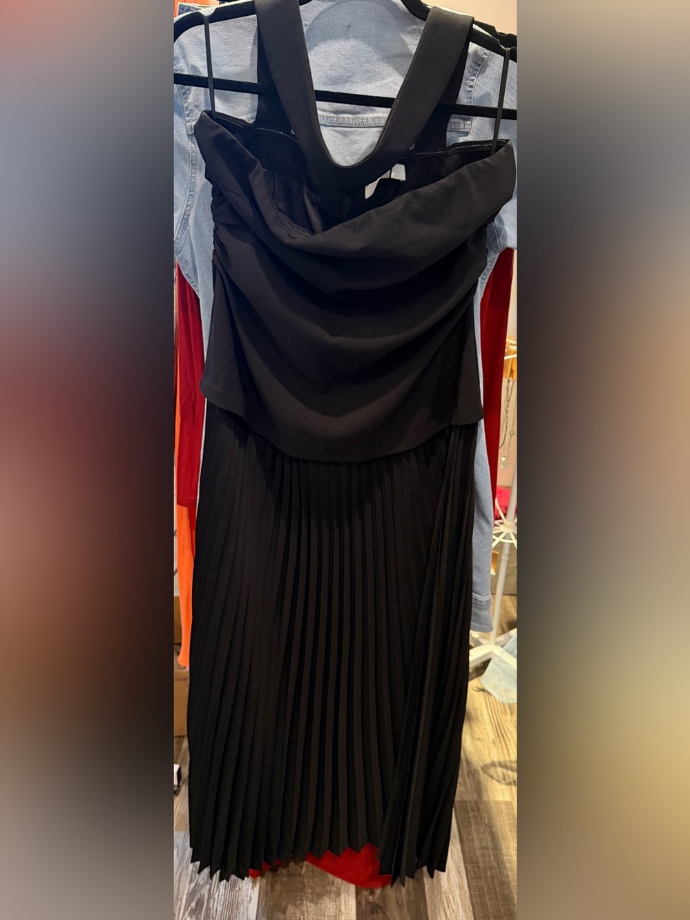 Commense Black Pleated Maxi Dress with Draped Bodice